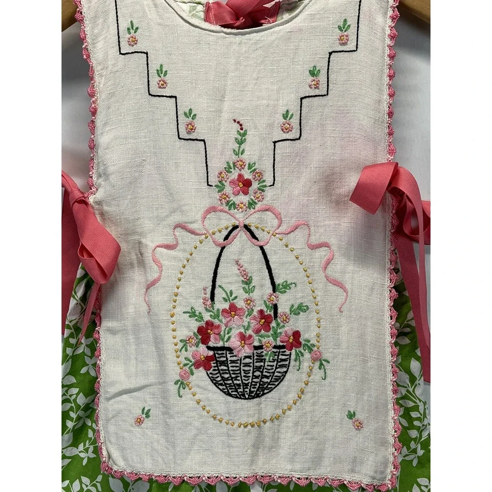 Handmade Girls Dress From Vintage Embroidered Tea Towel GUC Cottage Core Apron